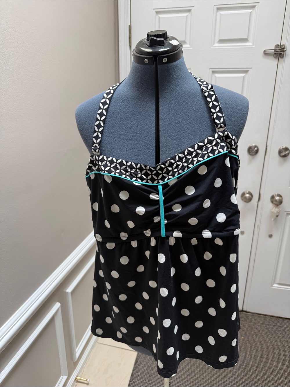 Beach House Black & White Polka Dot Halter Camisole with Teal Trim
